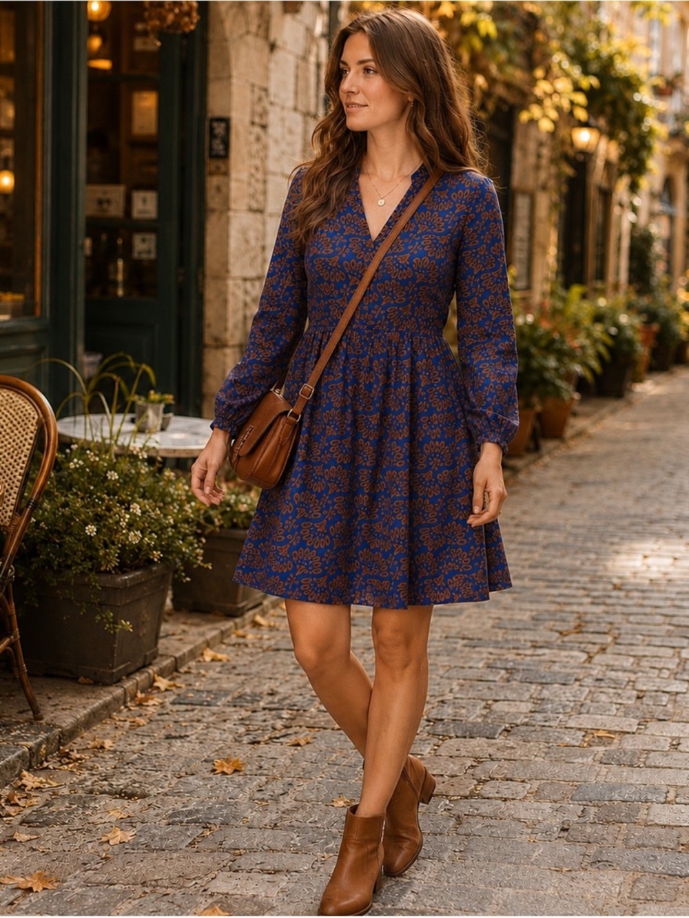 Boden Naomi Relaxed Jersey Dress Gingerbread Dandelion Sprig Blue Brown Sz 6
